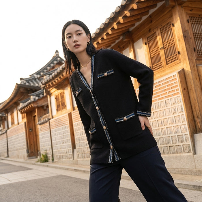 Cardigan tricoté avec bords en velours contrastant - Koreanxwear