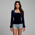 Top velours bleu marine col carré manches longues - K-fashion femme - Taille M
