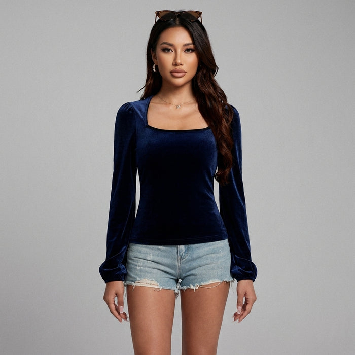 Top velours bleu marine col carré manches longues - K-fashion femme - Taille M