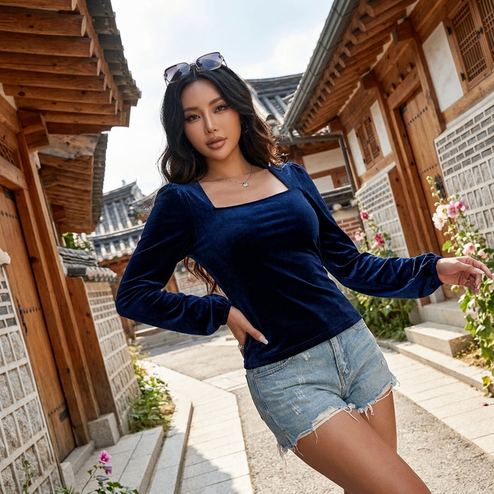 Top velours bleu marine col carré manches longues - K-fashion femme