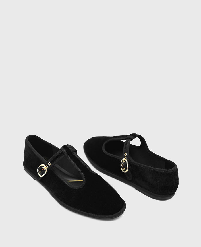 Verona Velvet T-Strap Mary Jane Flat