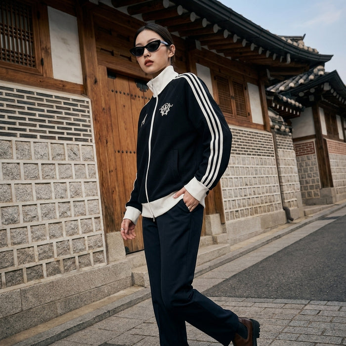 Veste unisexe streetwear maille gaufre col montant noire et verte - Koreanxwear