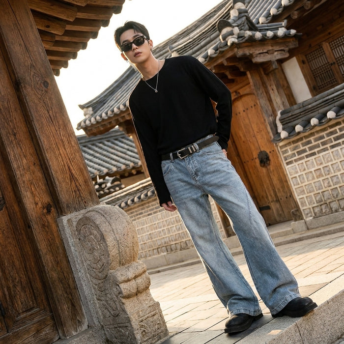 Jean bootcut délavé bleu clair pour homme - Koreanxwear