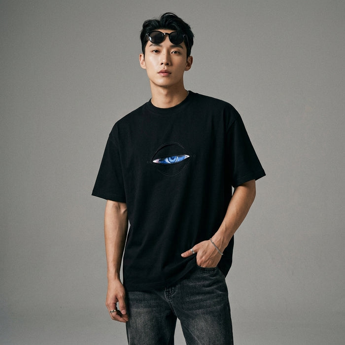 T-shirt lavé imprimé ample en coton noir - Koreanxwear - Taille M