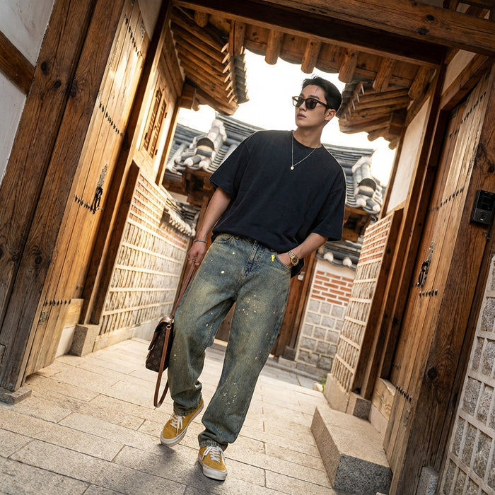 Jean droit délavé homme style streetwear - Koreanxwear