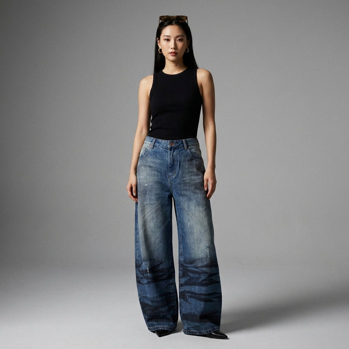 Jean large délavé coupe droite bleu - Koreanxwear - Taille S