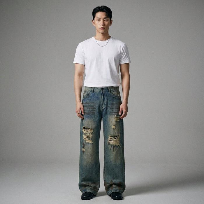 Jean large délavé pour homme style streetwear - Koreanxwear - Taille S