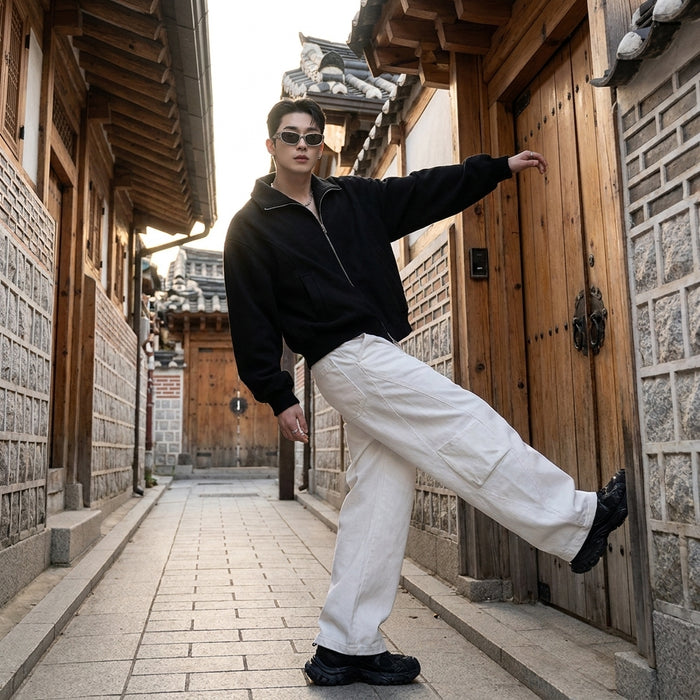 Pantalon large en denim blanc pour homme - K-fashion décontractée