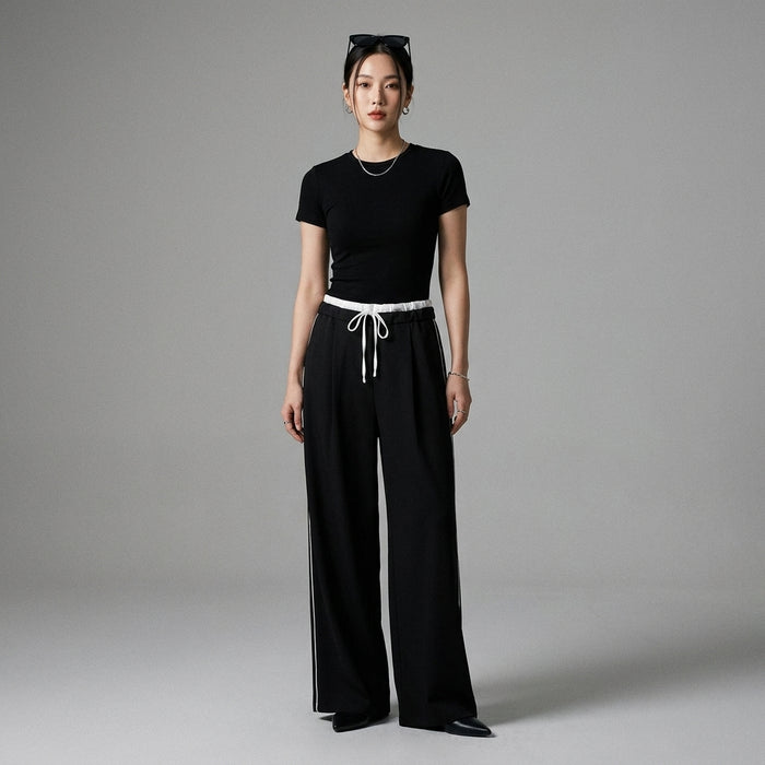 Pantalon large taille haute femme avec rayures latérales bicolores - Koreanxwear - Taille S