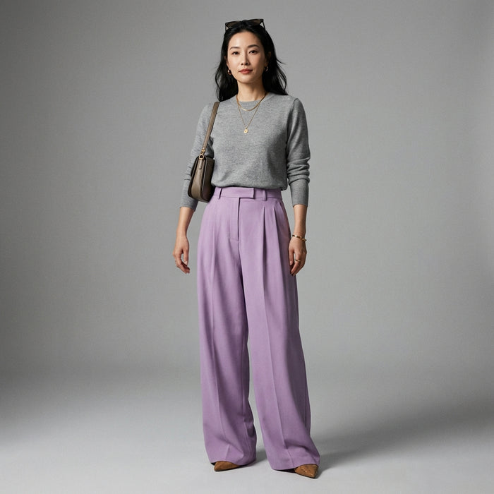 Pantalon large plissé violet taille haute - Koreanxwear - Taille S
