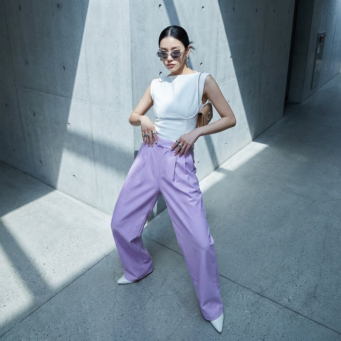 Pantalon large plissé violet taille haute - Koreanxwear