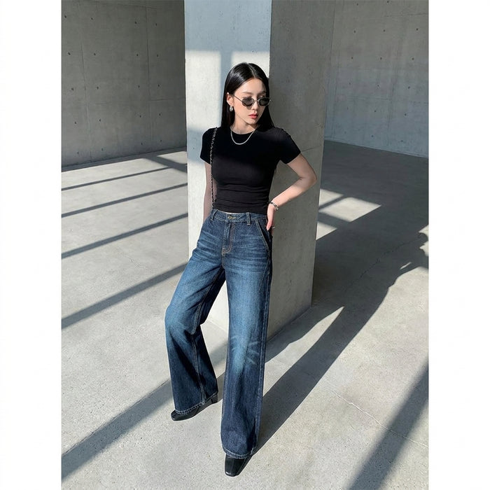Jean large streetwear bleu femme avec surpiqûres apparentes - Koreanxwear
