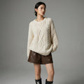 Pull femme tricoté torsadé col rond coréen, coupe ample, couleurs beige, café, violet. - Taille One size