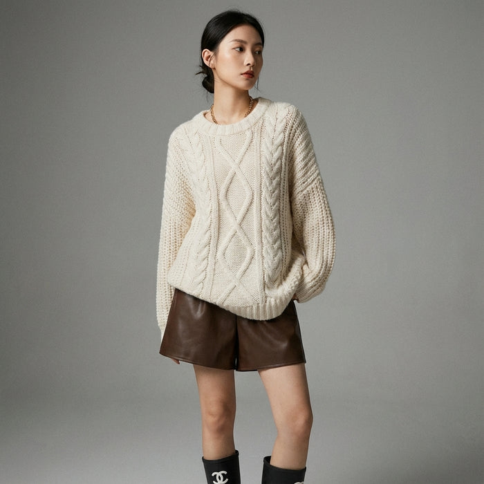 Pull femme tricoté torsadé col rond coréen, coupe ample, couleurs beige, café, violet. - Taille One size