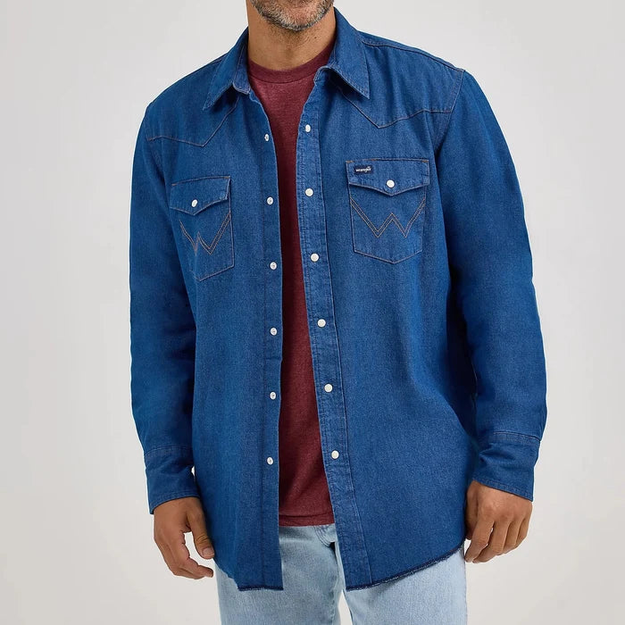 Wrangler Men's L/S Flannel Lined Work Shirt in Blue Denim (Available in Plus Sizes)