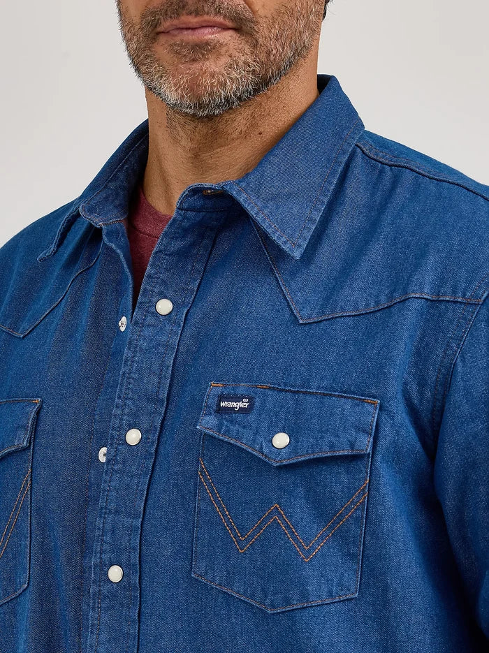 Wrangler Men's L/S Flannel Lined Work Shirt in Blue Denim (Available in Plus Sizes)