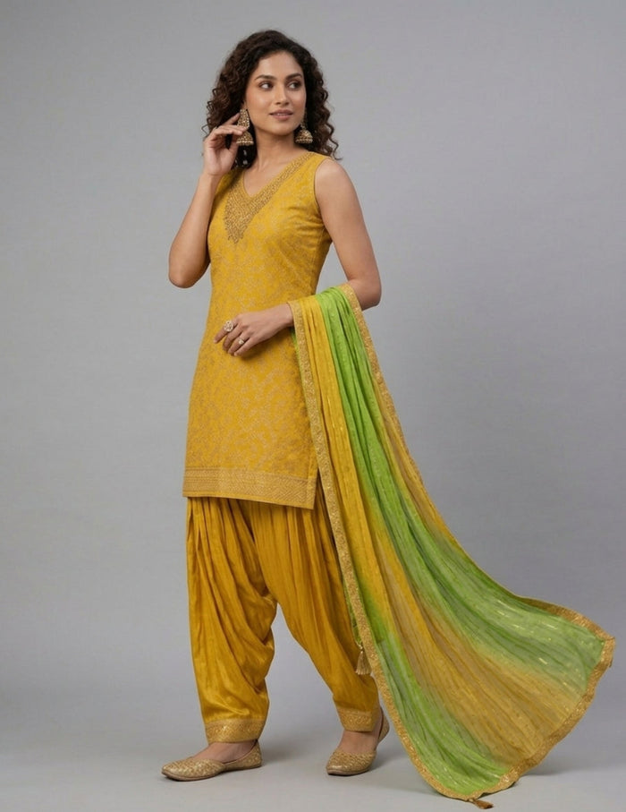 A woman modeling a traditional Indian salwar kameez suit in mustard yellow with a green and yellow gradient dupatta, set against a plain gray studio background.
