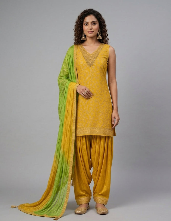 A woman modeling a traditional Indian salwar kameez set in mustard yellow with a green and yellow gradient dupatta, photographed against a neutral gray studio background.