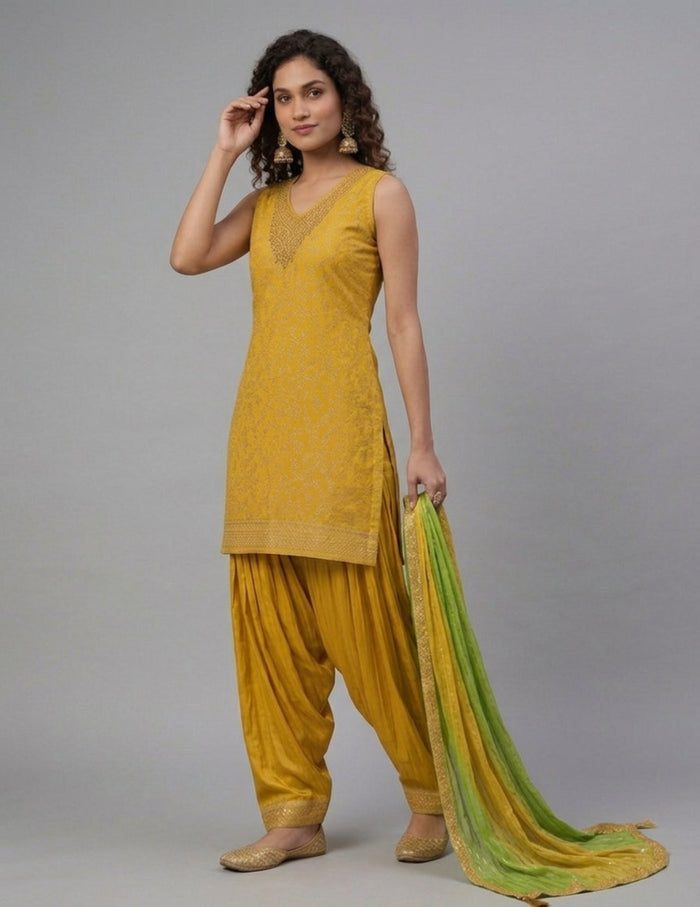 A woman modeling a traditional Indian salwar kameez suit in mustard yellow with a green and yellow patterned dupatta, set against a plain gray studio background.