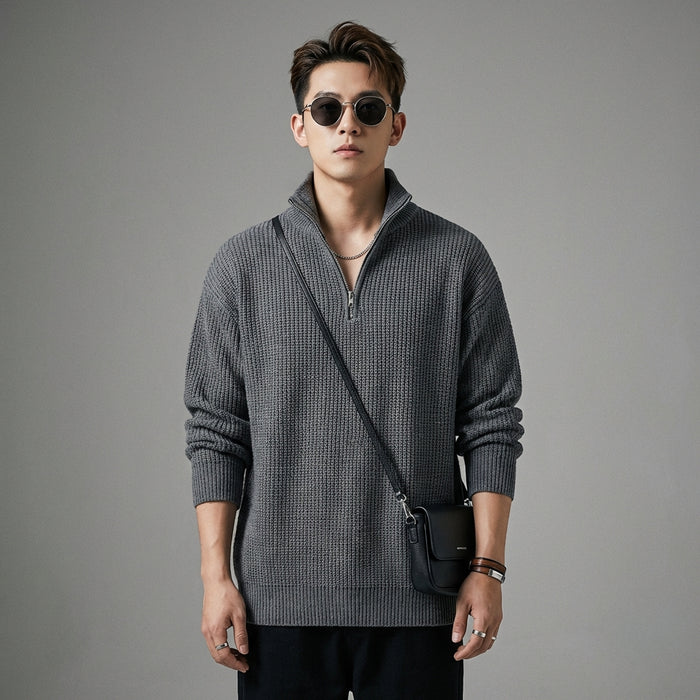 Pull tricoté gris homme col montant zippé - Mode Coréenne Streetwear - Taille S